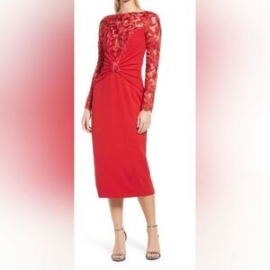 Tadashi Shoji Floral-Embroidered Lace Midi Dress NWOT size XS Red